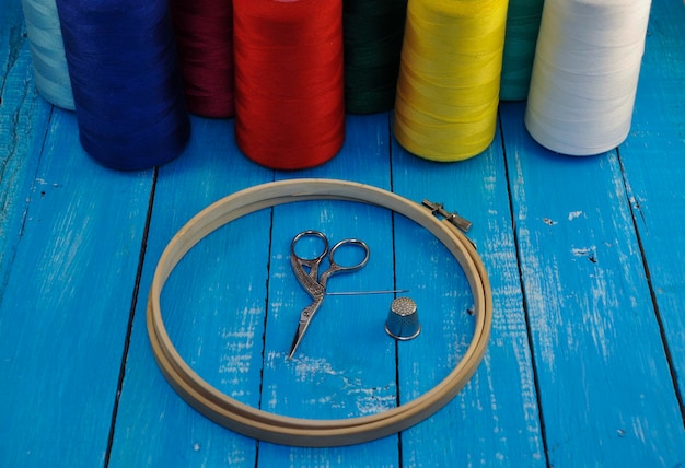 Zestaw do haftu: nici, tamborek, igły